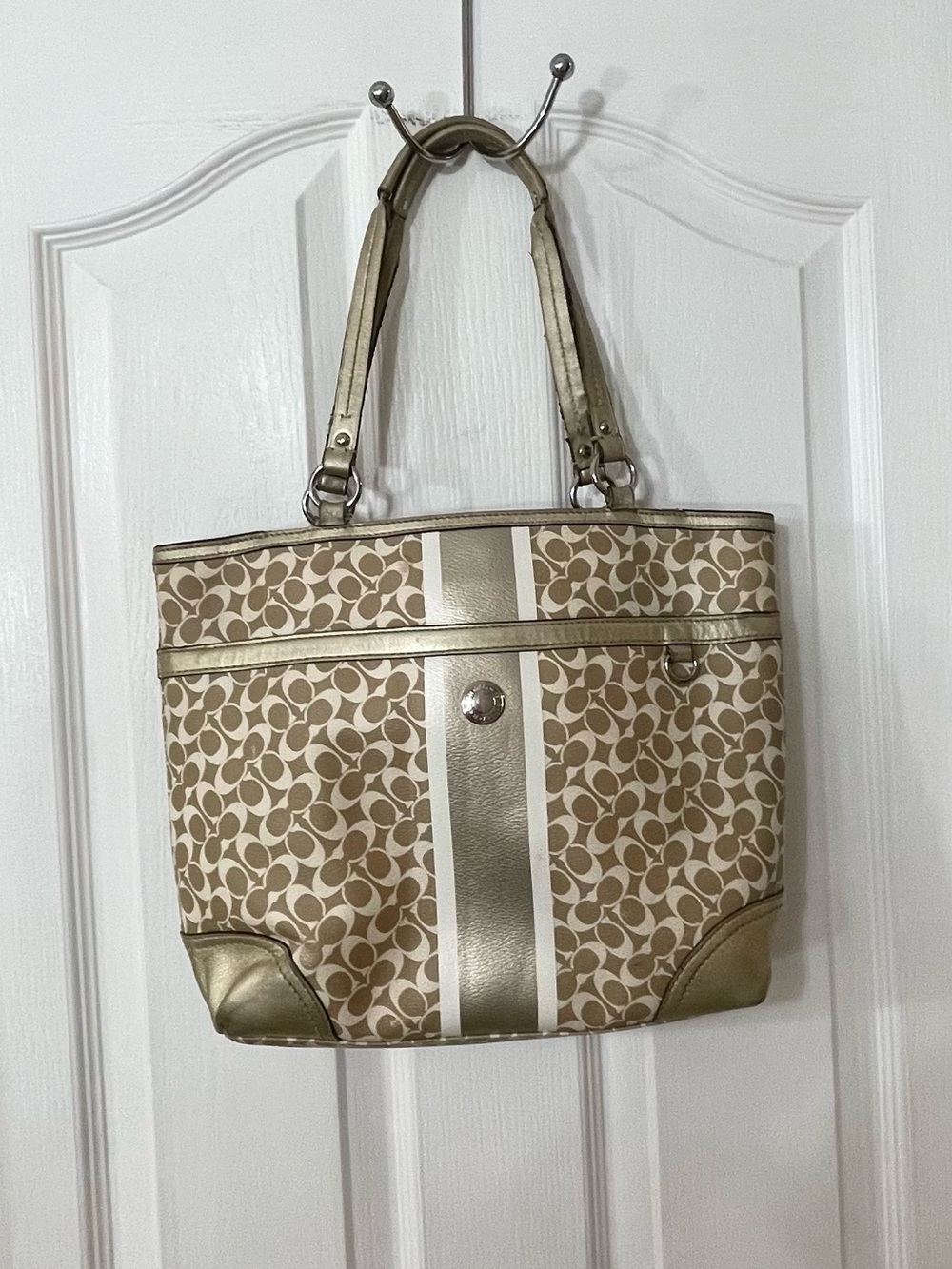Coach Beige Signature Stripe Tote with Gold Trim